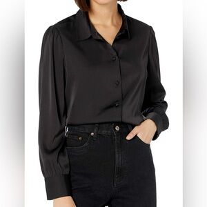 NEW The Drop Women's Long-Sleeve Button-Down Stretch Satin Shirt. Size XXS